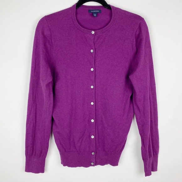 Lands End Purple Crewneck Cardigan Womens Tall Small Button Long Sleeve - Picture 1 of 4